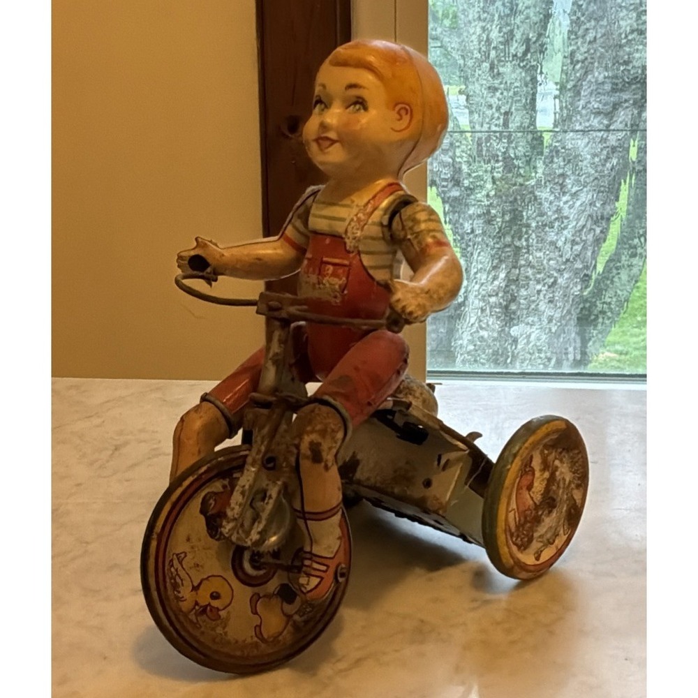 Vintage Unique Art Tin Wind-up Toy Kiddy Cyclist Boy on Tricycle‎